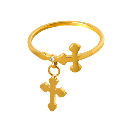 Personality Religious Holy Pray 18k Gold Plated Stainless Steel Dangle Christian Cross Charm Ring for Women Finger Jewelry