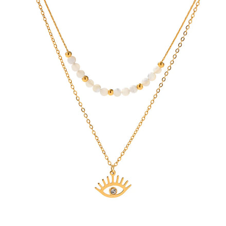Hot Selling Devil's Eye Zircon Double Layers Pendant Necklace Rhodium Plated Stainless Steel Pearl Jewelry Gift Party 2023 New