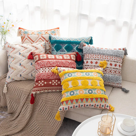 Amity Tassels Cushion Cover Handmade Moroccan Throw Pillow Case Boho Tufted Embroidery Machine Wash Cotton Linen 10pcs