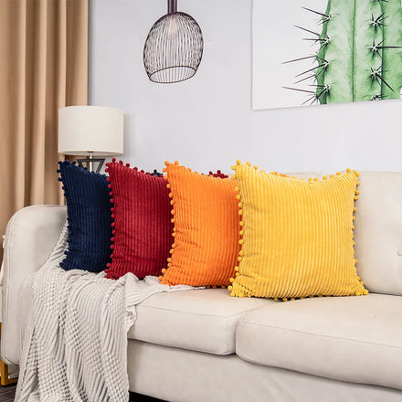 Amity Light Luxury Home Decoration Solid Color Corduroy Pillow Case Throw Cushion Cover With Tassel Balls