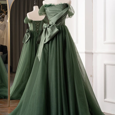 Jancember Rl136 Elegant Green Boat Neck Organza Bow Lace up Wedding Dresses