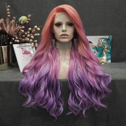 Celebrity Rainbow Multicolor Colorful Wig Silky Straight Heat Resistant Fiber Synthetic Lace Front Wig for Cosplay