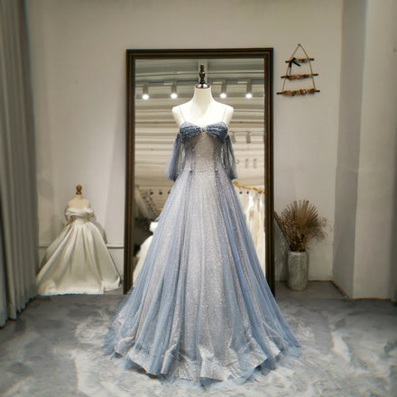 Jancember RL130 Elegant Spaghetti Strap Off Shoulder Organza Sequined Wedding Dresses