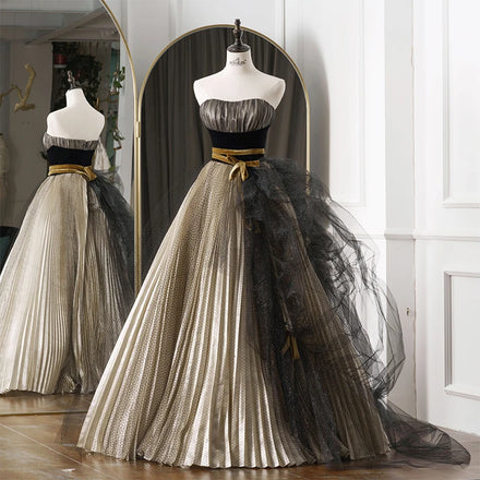 Jancember RL138 Luxury Gold Strapless Ball Gown Sashes Asymmetrical Sleeveless Wedding Dresses