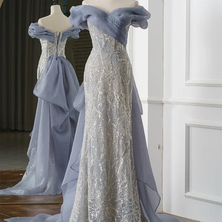 Jancember Rl137 Blue Sweetheart Off the Shoulder Mermaid Sequined Organza Wedding Dresses