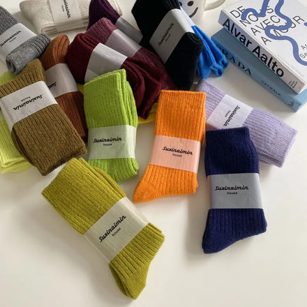 Winter Thermal Cashmere Knitted Wool Thick Socks Women Harajuku Solid Color Warm Wool Cashmere Socks Women