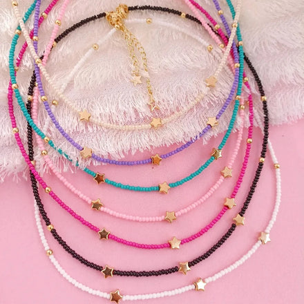 Summer Beach Bohemian Rainbow Glass Seed Beaded Star Charm Necklace for Women White Beads Jewelry