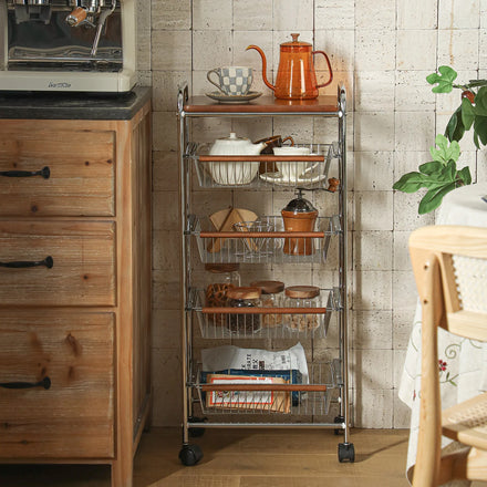 SHIMOYAMA 4-Tier Rolling Utility Kitchen Cart Rack Island Cart with Storage Basket Metal Dish and Bowl Storage on Wheels