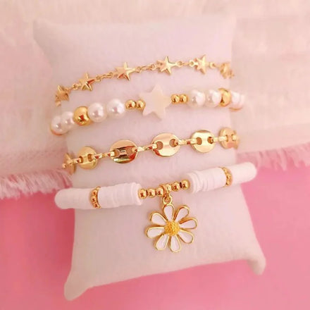 Mama Bracelet Gift Jewelry for Mom Heishi Pearl Bead Bracelet Set Polymer Clay Bead Shell Star Daisy Flower Bracelet Women