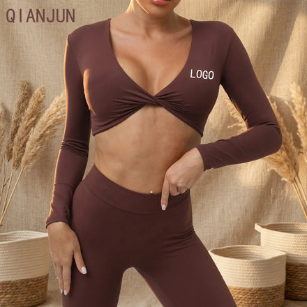 Women Seamless Long Sleeve Crop Top Stretch Leggings Yoga Two Piece Workout ClothesSet Quick Dry Gym Wear for Women