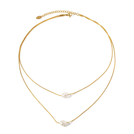 Elegant 18k Gold Plated Double Layered Freshwater Pearl Stainless Steel Pendant Necklace for Women