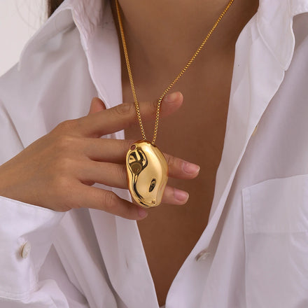 J&D Ins Popular 18k Gold Plated Necklace Stainless Steel Irregular Concave Hammer Big Pendant Necklace