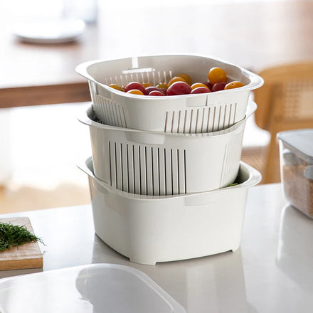 SHIMOYAMA 2-Tier Plastic Fruit Veggies Washing Storage Box Kitchen Accessories Tools Sink Draining Basket Dish Washing Basin