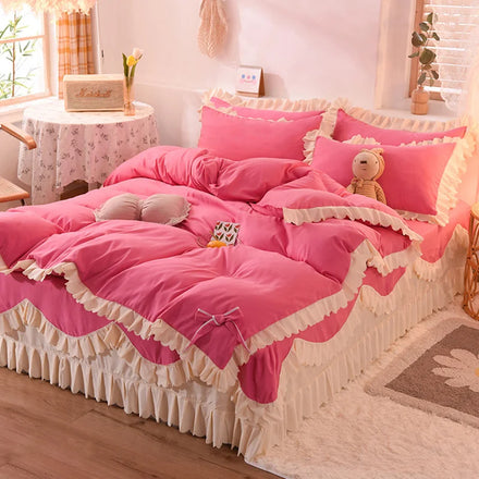 Korean Cartoon Princess Style 100% Polyester Four-piece Duvet Cover Pillowcase Bedding Set All-Season Customizable Sizes Custom