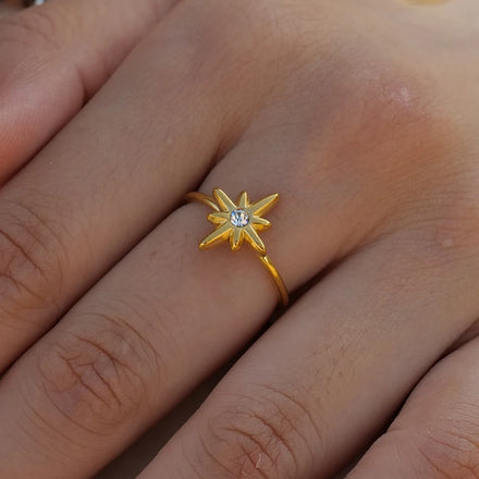 Waterproof 18K Gold-plated Stainless Steel Fashion Jewelry White Zirconia Octagram Rings for Women