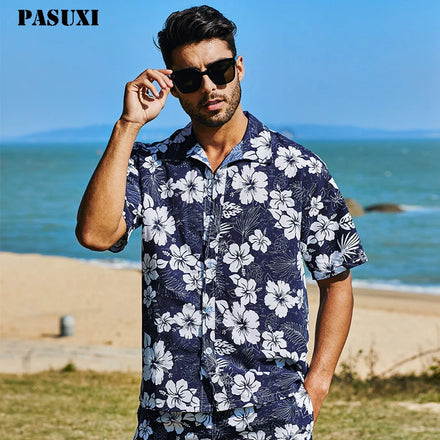 PASUXI 2026 New Hawaiian Flower Shirt Mens Retro Style Casual Loose Beach Resort Casual Short Sleeve Shirt
