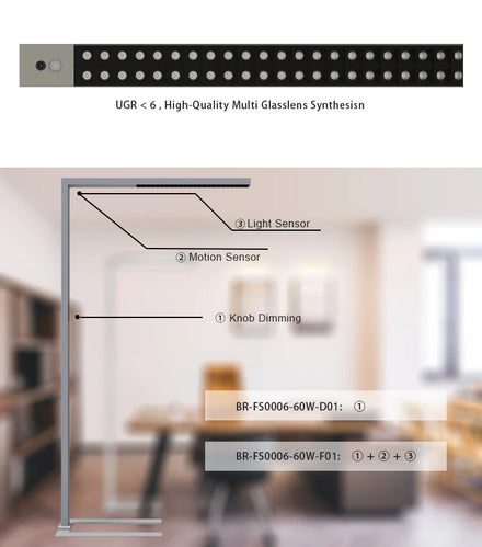 Floor Lamp Office Commercial Aluminum/Metal Square Shade Adjustable Back Light PWM Dimmable LED Task Lamp High CRI 80 IP40