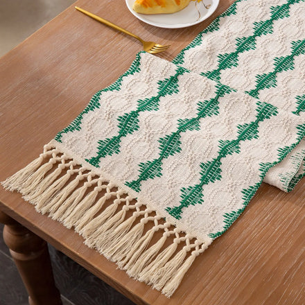 Embroidery Cotton Linen Table Runner Handmade Tassel Hemstitched Table Runners for Holiday Party Wedding Table Decorations