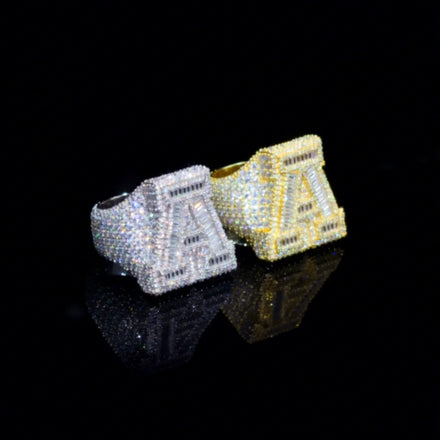 Hot Selling Vvs Moissanite Hip Hop Initial Ring Iced Out Baguette Cut Moissanite Gold Plated 925 Silver Fine Jewelry Rings