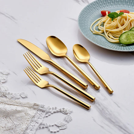 Shiny Hexagonal Handle Wedding Flatware Set Stainless Steel Titanium Gold Reusable Cutlery