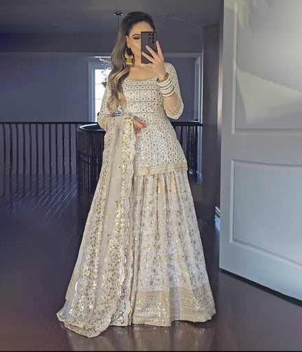 Readymade Traditional Ethnic Indian Pakistani Kurti & Dupatta Set Georgette With Sequin Embroidery Work Full Stitching Party