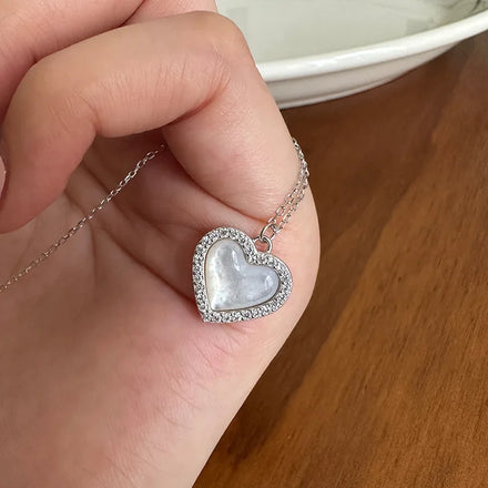 Exquisite Artisan Heart Necklace 925 Sterling Silver with Mother of Pearl & Meticulously Inlaid Cz Dual-Tone Elegance for Women