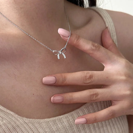 Sparkling Cz Bow Knot Necklace 925 Sterling Silver Dainty Pendant Cute Simple Necklace for Women Delicate Gift