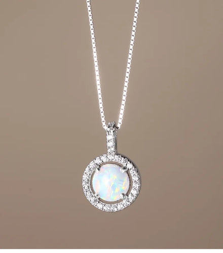 Iridescent Opal & CZ Necklace 925 Sterling Silver Round Pendant Capturing Opal's Magic Fine & Mystical Jewelry for Women