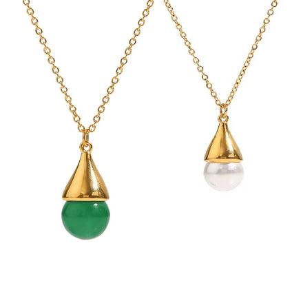 Dainty Jewelry Non-Tarnish Women's Stainless Steel Link Chain Water Drop Jade Pearl Green Stone Anniversary Necklace