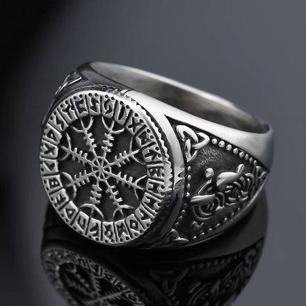 Ready to Ship Mens Rustic Viking Vegvisir Compass Ring Stainless Steel Retro Viking Norse Runic Compass Ring