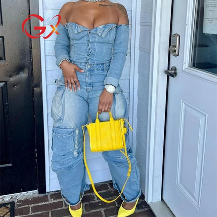 GX2531 Fashion Street Style Tube Jeans Elegant Multi Pocket Casual Denim One Piece Baggy Cargo Jumpsuit Women