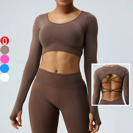 Wholesale Winter Active Wear Women Crew Neck Long Sleeve Crop Top Workout Fitness Cross Back Compression Yoga Top