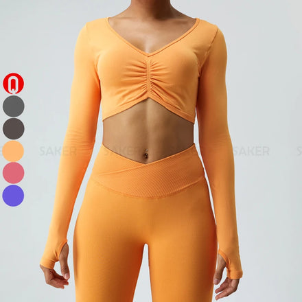 New Long Sleeve Yoga Top Mujer Front Pleated Design Winter Gym Wear Ladies Sport Running Compression Shirts Workout Top