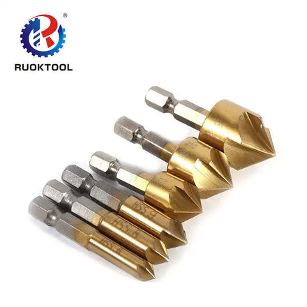 6pcs 5 Flute Chamfer Hex Shank Hss Wood Chamfering Cutter Chamfer 6mm-19mm Countersink Drill Bit for Drillimg Holes