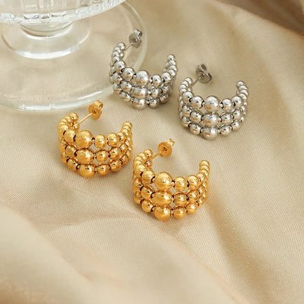 18K Gold Plated Hoop Earrings Triple Bead Design 316L Stainless Steel Waterproof & Non Tarnish Heavy Duty Minimalist Earrings