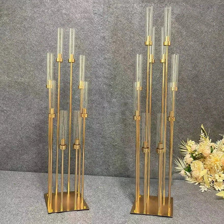 Wholesale Handmade 8-Arm Glass/PVC Tube Candle Holder UV Printing Gold Metal Candelabra Centerpiece for Wedding Home Decoration