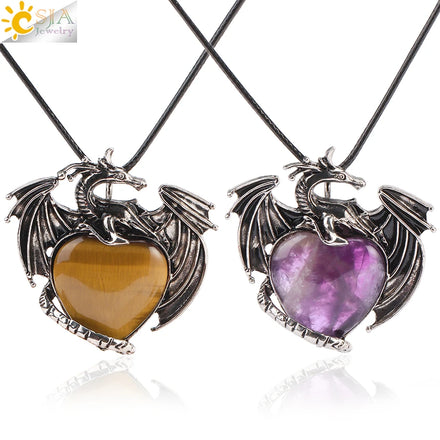 CSJA Vintage Dragon Men Amulet Necklace Pterosaur Natural Stone Tiger Eye Heart Crystal Pendant for Jewelry Making H237