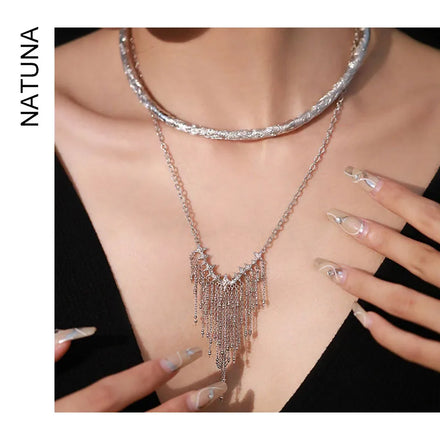 Natuna Fashion Sense 925 Silver Lava Star V-Shaped Tassel Necklace for Women Romantic Fine Necklaces for Wedding