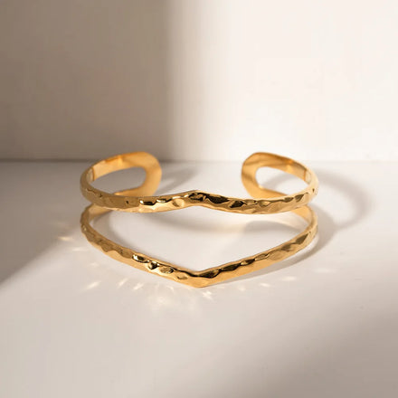 Stainless Steel Tarnish Free Double Layered Modern Design Gold Bangle Waterproof Hammered Women Gold Bangle
