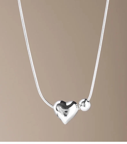 Round Bead and Heart Charm Necklace Snake Bone Chain 925 Sterling Silver Necklace for Women
