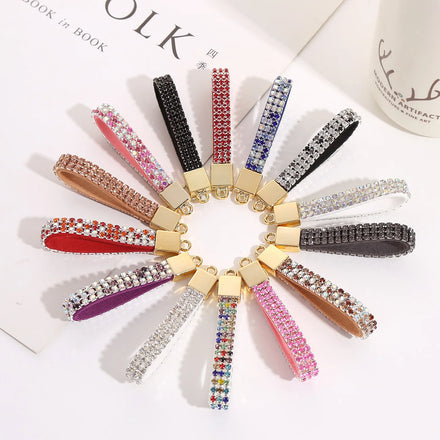 Fashion Crystal Wristband Keychain Cute Colored Rhinestone Leather Lanyard Bag Charms Pendant Car Key Ring Accessories