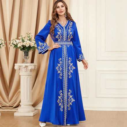 Muslim Women's Long Sleeves Prayer Abaya V-neck Long Sleeve Embroidery Dress With Belt Black Abaya Women Muslim Dress 2023 Dubai