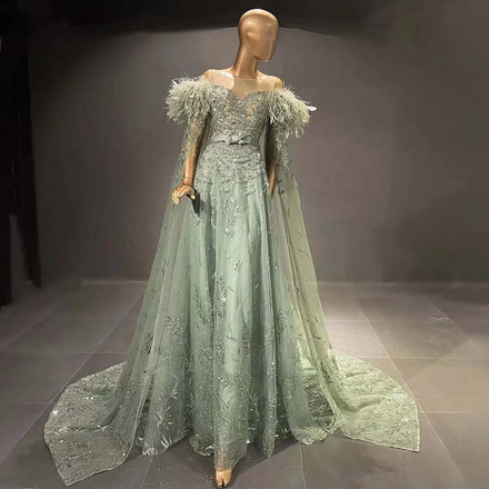 Jancember SZ553 Elegant Feather Formal Arabic Evening Party Dresses With Shawl