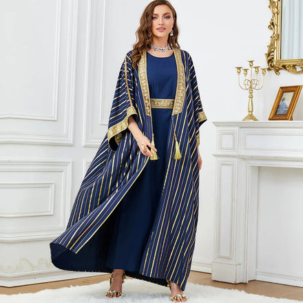 Abaya Dubai 2023 Long Sleeve Two Pieces Set Striped Long Coat Elegant 2 Piece Dubai Abaya Set Soft Satin Kimono