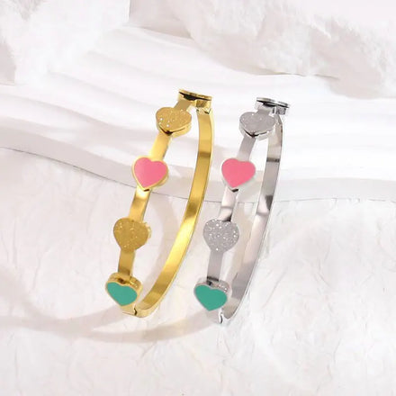 Multi-color Heart Shape 18K Gold Plated Stainless Steel Bracelet Bangle Waterproof Tarnish Free Enamel Sandblast Style Bangle