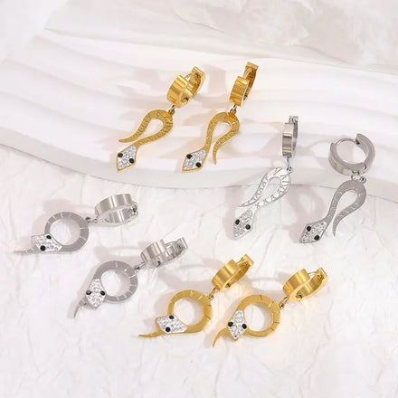 Tarnish Free Snake Pendant Earrings 18K Gold Plated Stainless Steel Hoop Earrings Elegant Snake Shape Waterproof Hoop Earrings