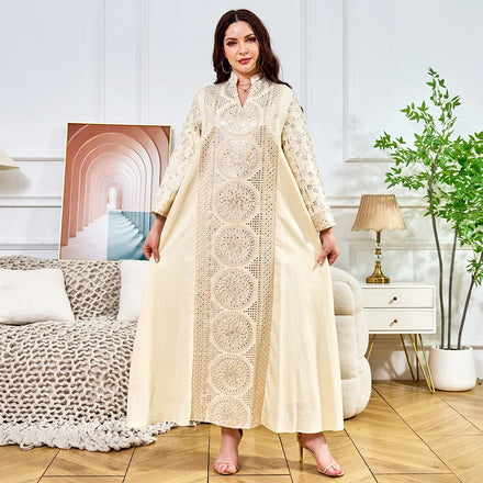 New Abaya Women Muslim Dress 2025 Dubai V-neck Long Sleeve Solid Color Sequin Decoration Women Abaya Dubai Islamic Clothing