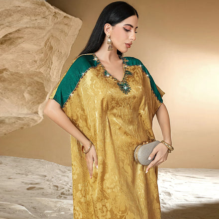 New Abaya Kaftan V-neck Long Sleeve Rhinestone Shiny Abaya Dubai for Eid Clothing for Muslim Women