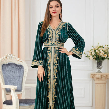 Dubai Abaya Wholesale V-neck Long Sleeve Striped Dark Green Lace Decoration Dress Women Turkish Abaya Muslim Woman