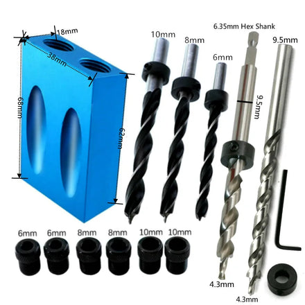 6/8/10mm 15 Degree Woodworking Doweling Pocket Hole Slow Jigging De Drilling Jig Kit
